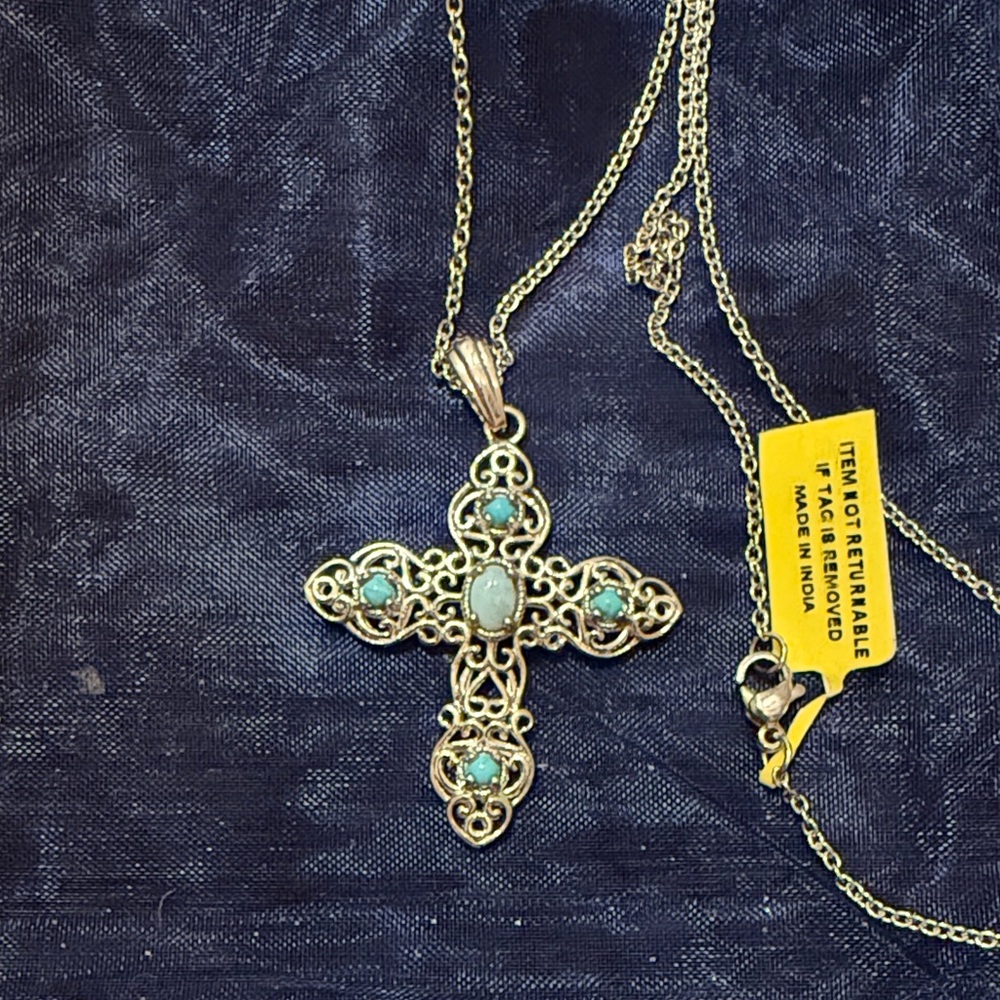 Elegant Silver and Turquoise Cross Pendant Necklace